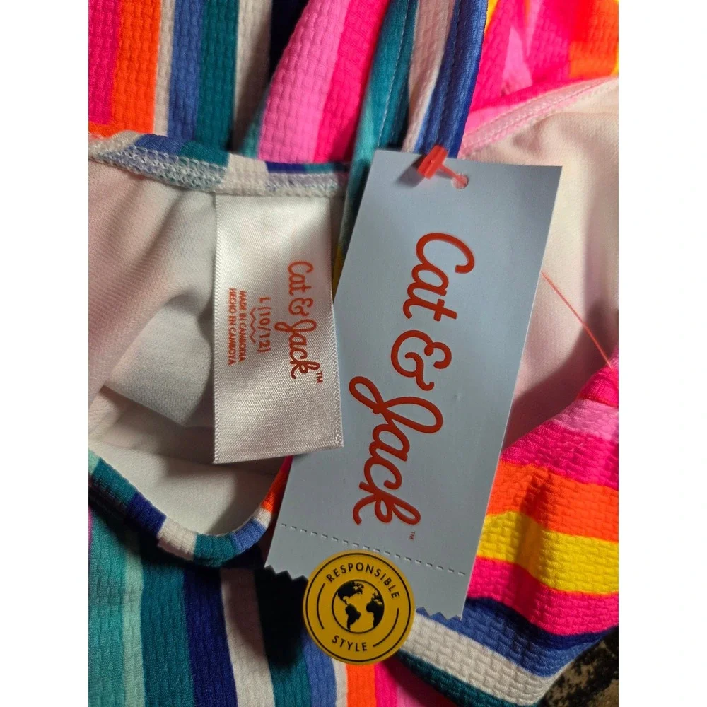 Cat & Jack Girls Rainbow Stripe One Piece Swimsuit Side Cut Out Size L 10/12 NWT